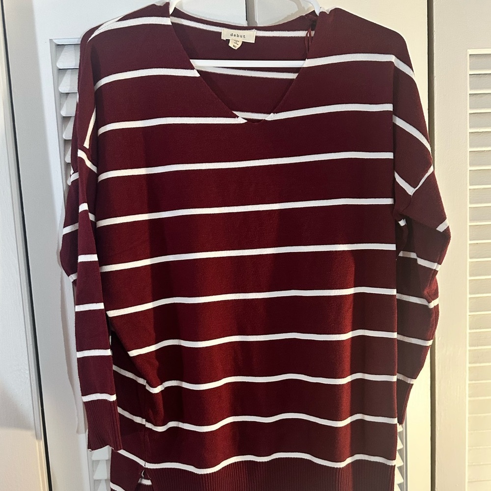 Debut Burgundy and White Striped V-Neck Sweatshirt